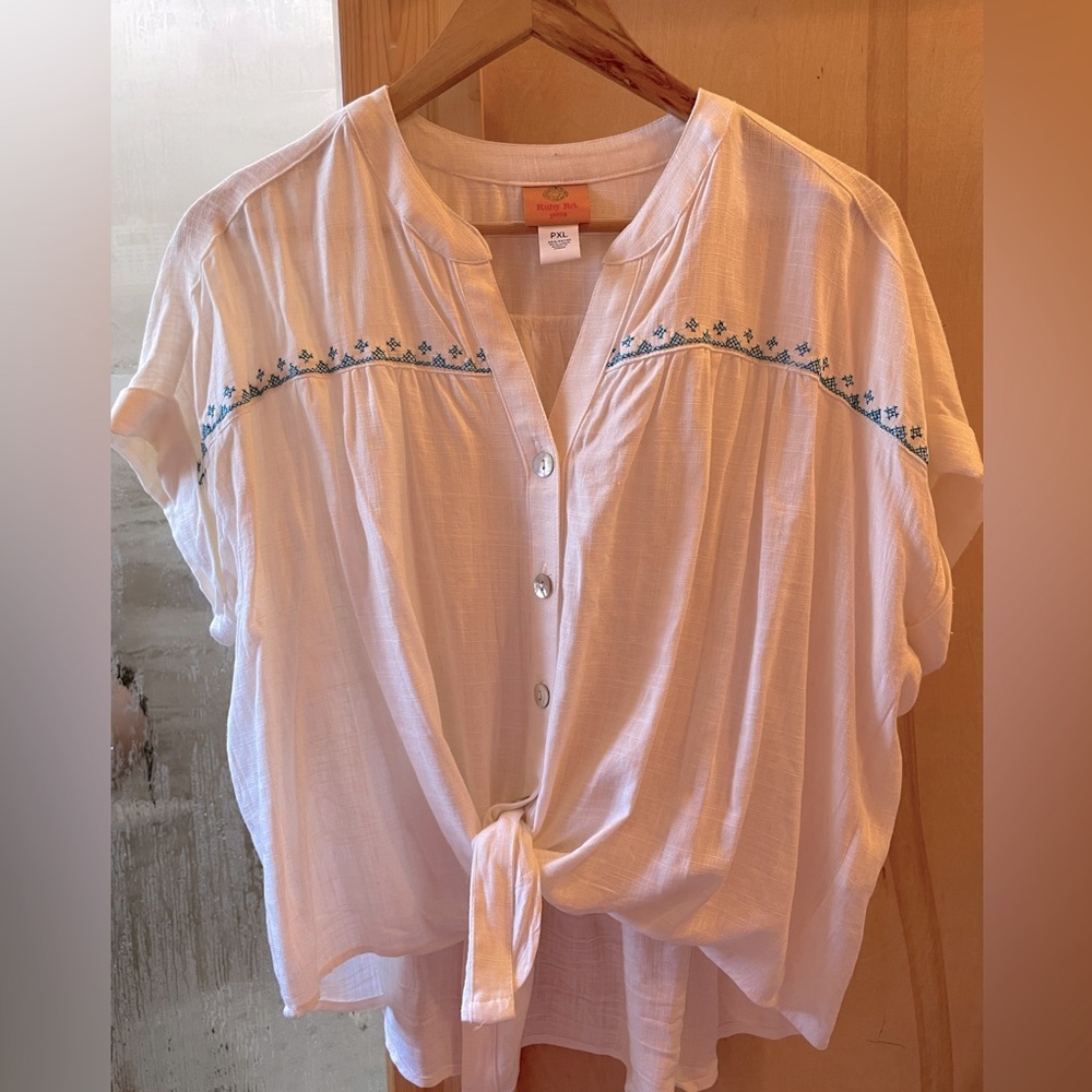 Women's White Button-Down Top with Blue Embroidery